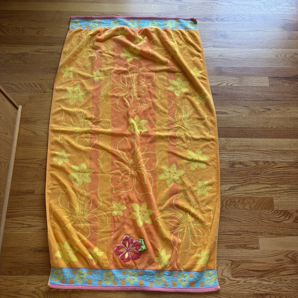2 Vintage 90s Hibiscus Beach Towels Multicolor Embroider Appliqué Tropical‎ Boho - Picture 3 of 16